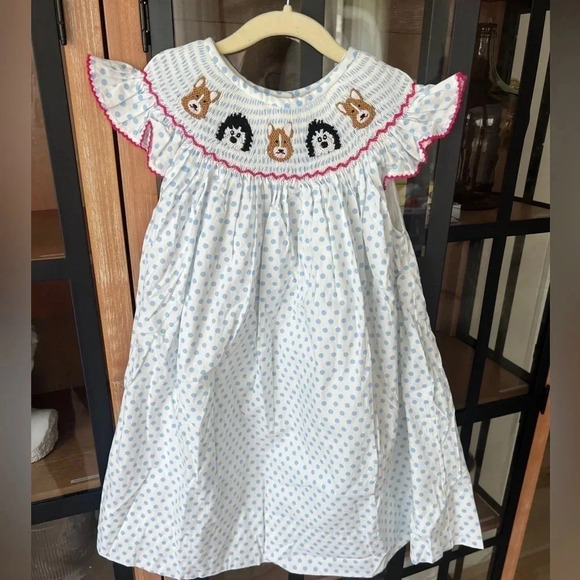 Puppies smocked Dress bishop toddler girl pawty dogs polka dots 4th of July